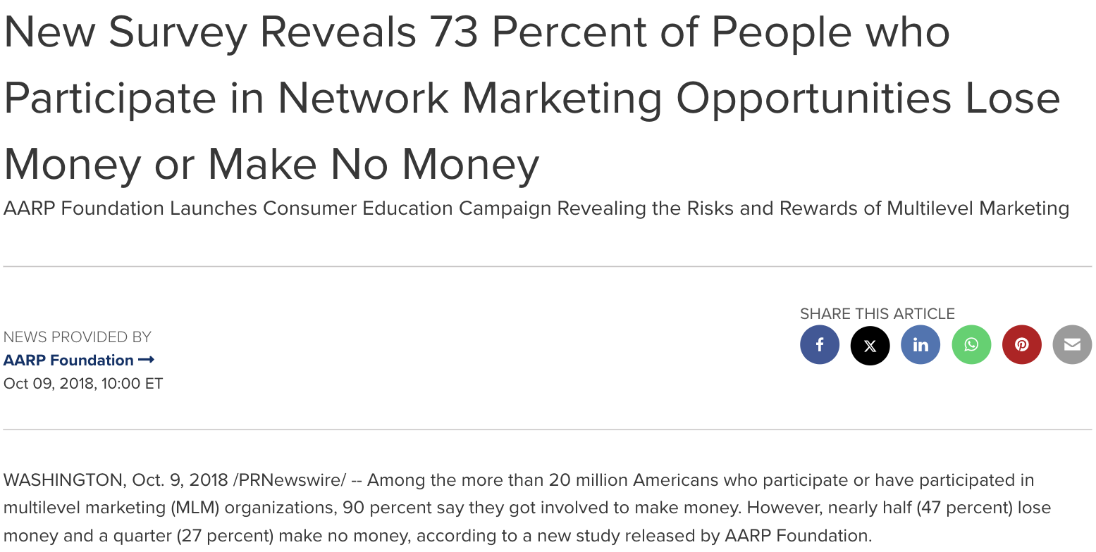 AARP Foundation press release headline reporting 73 percent of network marketing participants lose money or make no money