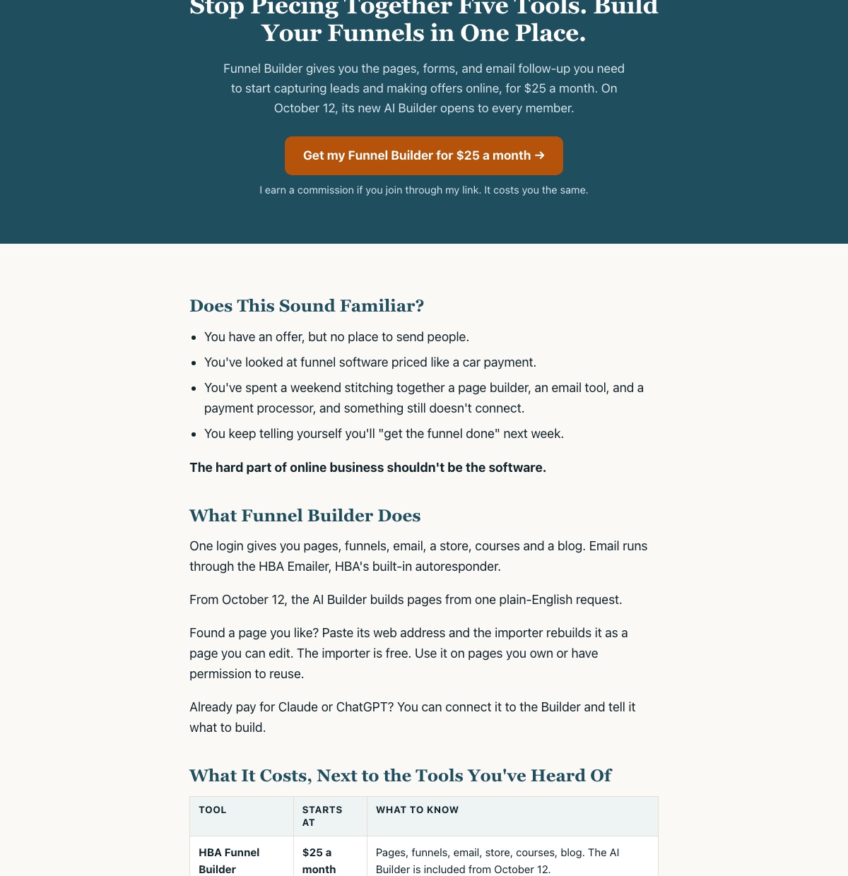 The same HBA Funnel Builder sales page after fixing it, with a Get my Funnel Builder for $25 a month button, a commission line under it and a price comparison table