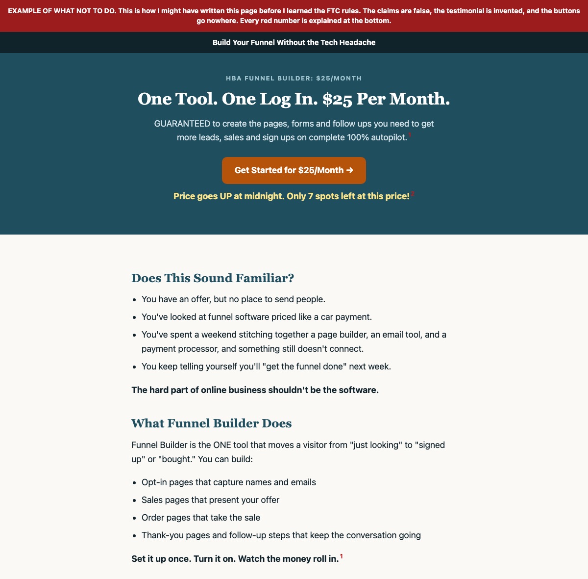 An over-hyped HBA Funnel Builder sales page headed One Tool. One Log In. $25 Per Month, promising GUARANTEED results on 100% autopilot, with a red banner marking it as an example of what not to do