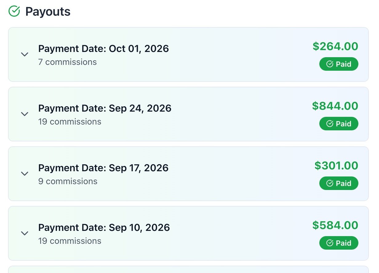 Rob Fore's HBA payouts screen showing four paid weekly payouts, each on a Thursday: 1 October, 24 September, 17 September and 10 September 2026