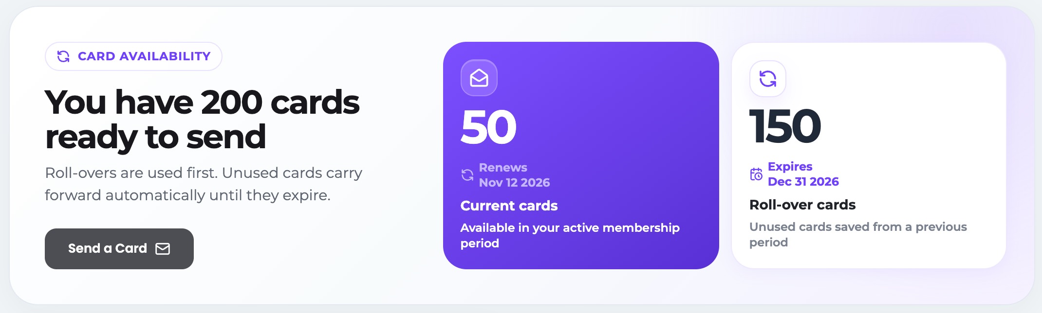 Rob Fore's SendOutCards card balance: 200 cards ready to send, 50 current cards renewing November 12, 2026, and 150 roll-over cards expiring December 31, 2026