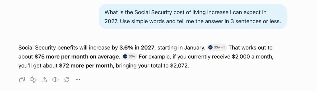 ChatGPT answering that Social Security benefits will increase by 3.6% in 2027, about $75 more per month on average, with SSA source tags beside each claim