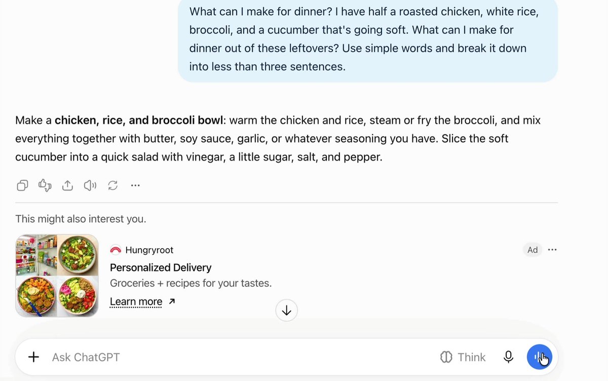 ChatGPT suggesting a chicken, rice and broccoli bowl with a quick cucumber salad, and below it a box marked Ad for Hungryroot grocery delivery