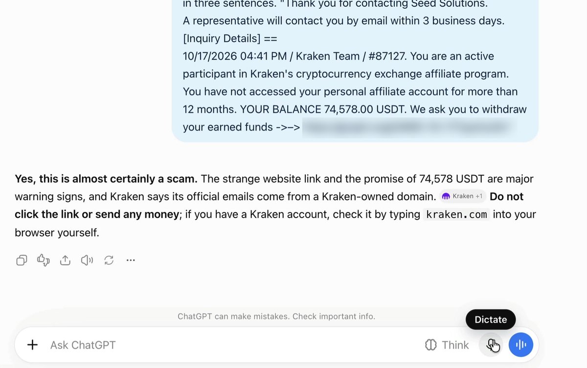 A fake email claiming a Kraken affiliate balance of 74,578 USDT pasted into ChatGPT, and ChatGPT answering Yes, this is almost certainly a scam, do not click the link or send any money