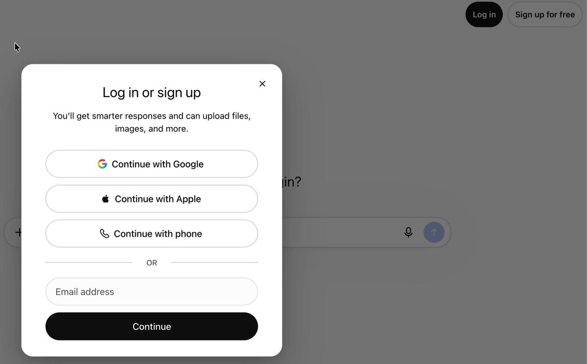 The ChatGPT Log in or sign up box with buttons for Continue with Google, Continue with Apple, Continue with phone, and an email address field