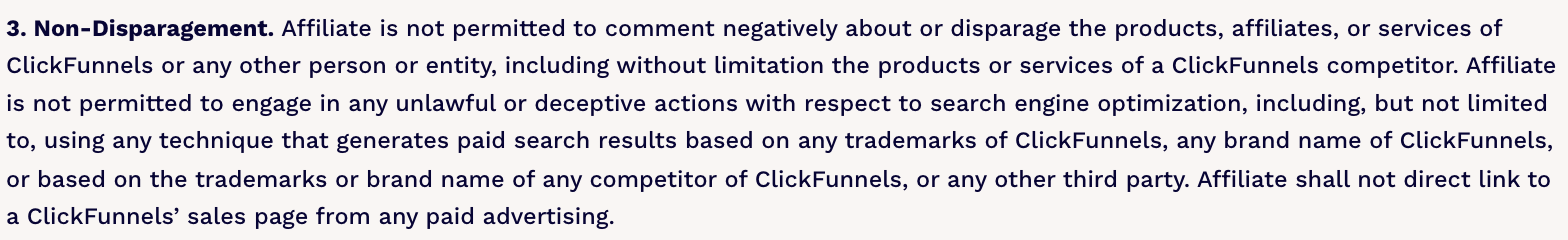 Section 3 Non-Disparagement of the ClickFunnels affiliate agreement, barring affiliates from commenting negatively about ClickFunnels or any competitor