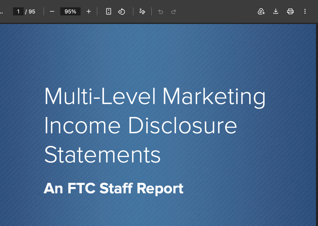 Cover page of the FTC staff report titled Multi-Level Marketing Income Disclosure Statements, shown in a viewer at page 1 of 95