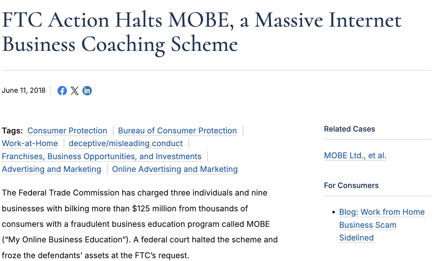 FTC press release dated June 11 2018 headlined FTC Action Halts MOBE, a Massive Internet Business Coaching Scheme, with the opening paragraph citing more than 125 million dollars