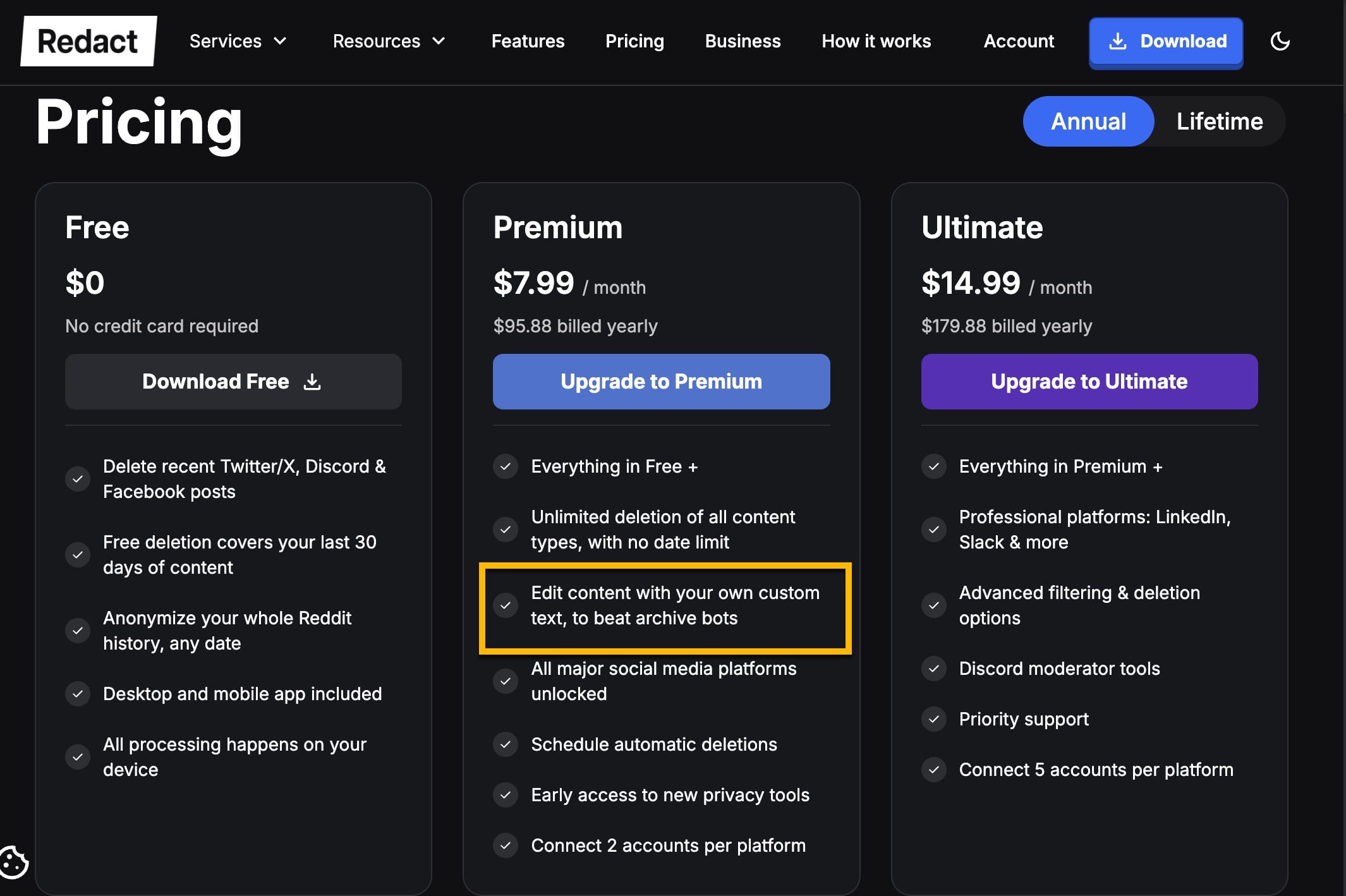 Redact pricing page showing Free, Premium and Ultimate tiers, with the Premium line reading Edit content with your own custom text, to beat archive bots picked out in a highlight box