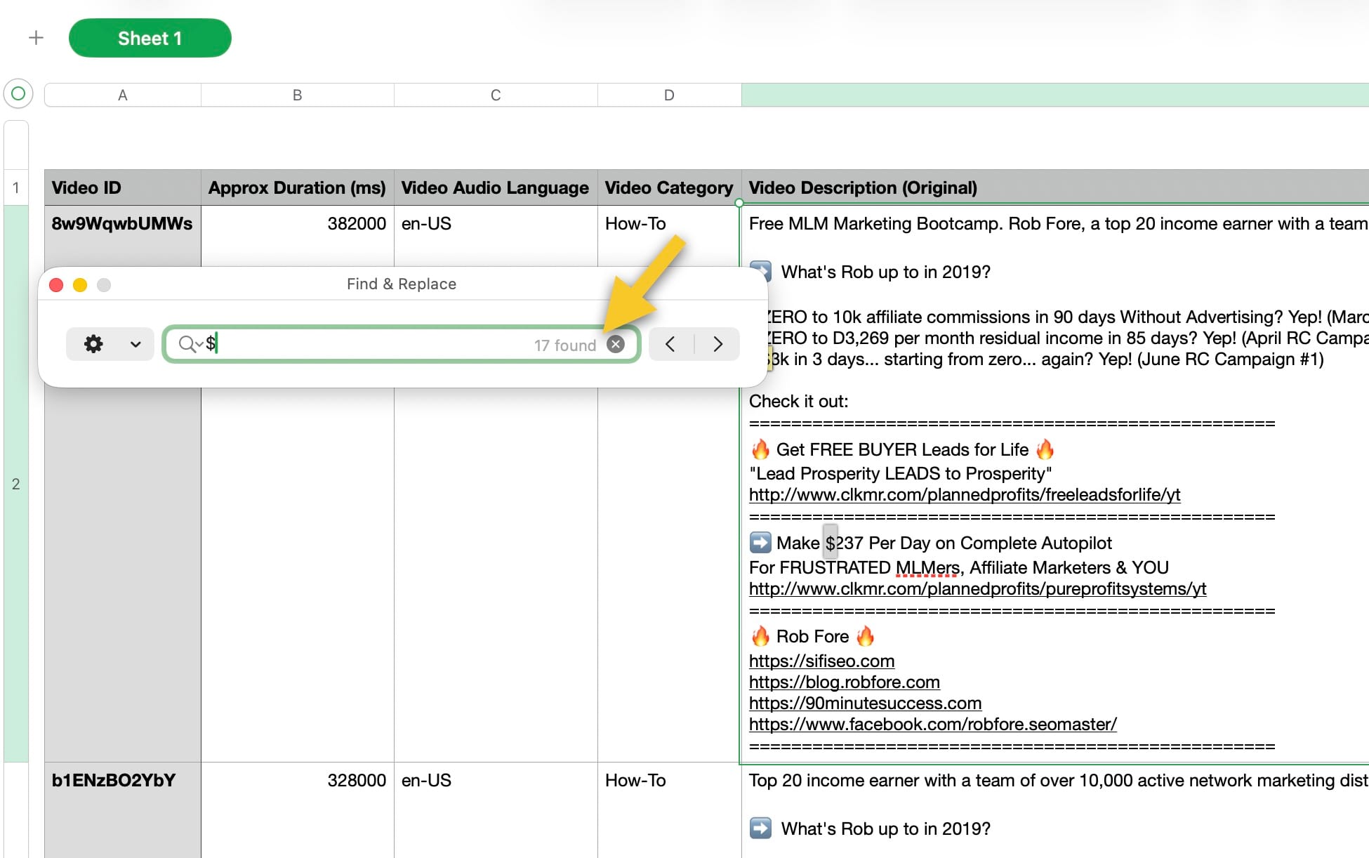 A Google Takeout video metadata spreadsheet open in Numbers, Find and Replace searching for a dollar sign and reporting 17 found, beside a 2019 video description promising a top 20 income earner, 237 dollars a day on complete autopilot and zero to 10k in 90 days