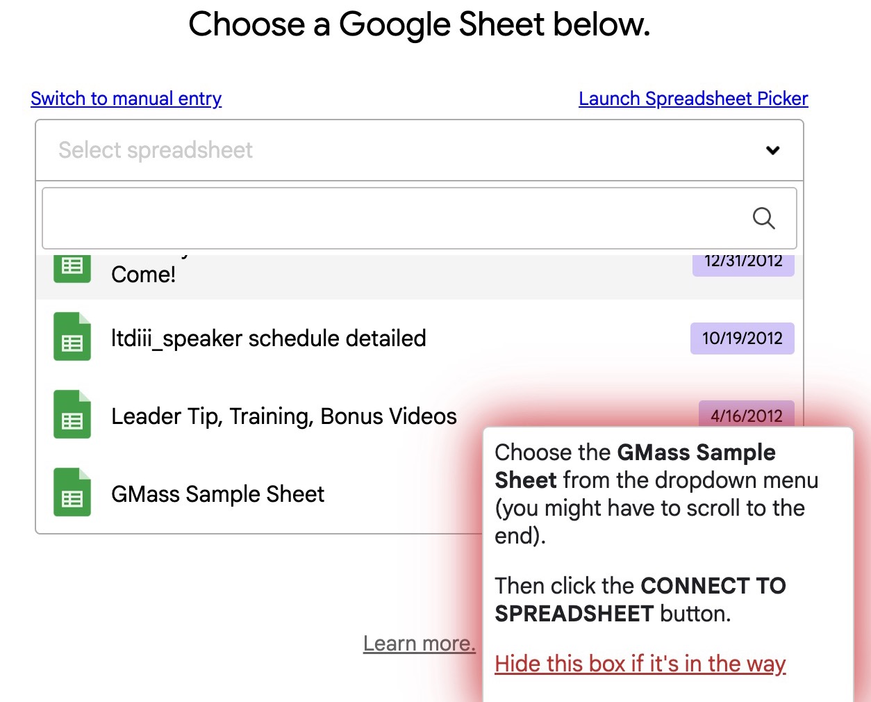 The GMass spreadsheet picker inside Gmail, listing Google Sheets from the connected Drive account with a Connect To Spreadsheet instruction