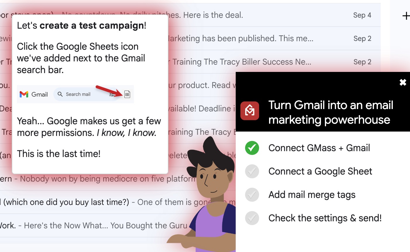 The GMass setup checklist inside Gmail showing four steps: connect GMass and Gmail, connect a Google Sheet, add mail merge tags, check the settings and send