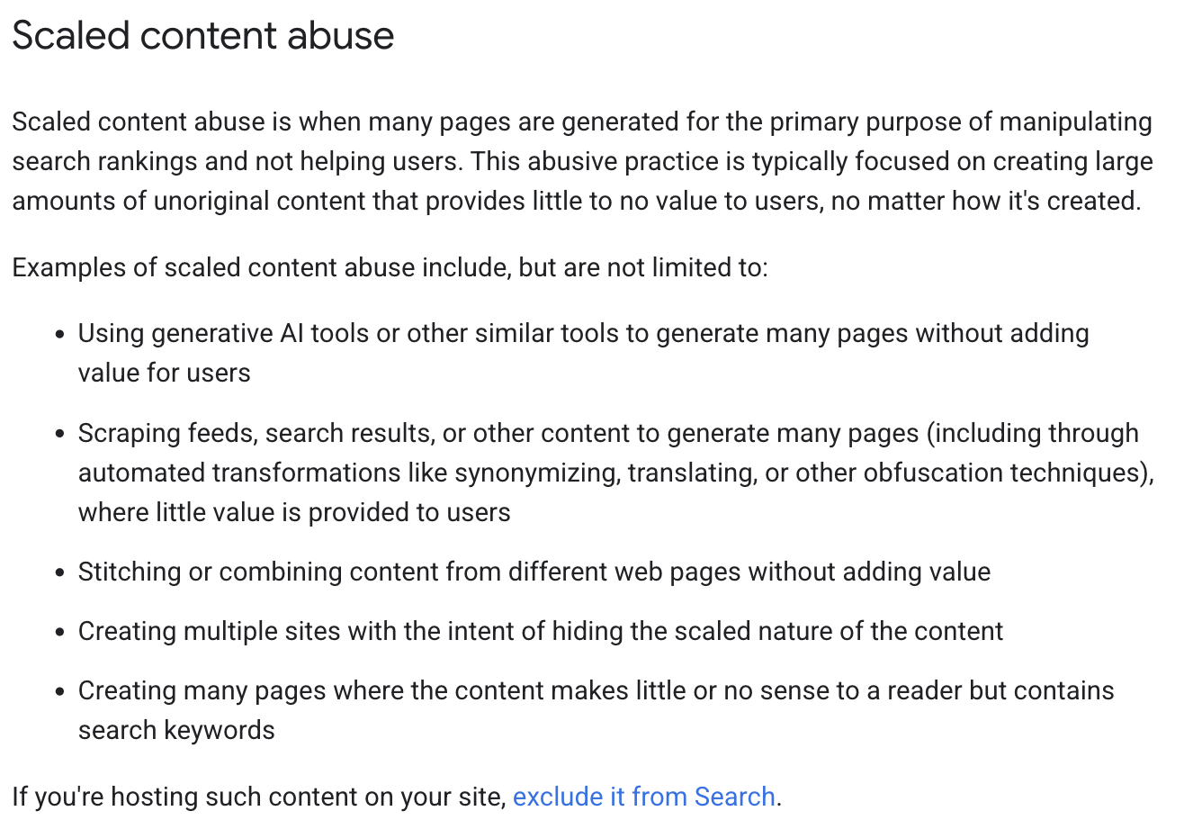 Google Search Central spam policies page defining scaled content abuse and listing generative AI pages, scraping and synonymizing as examples