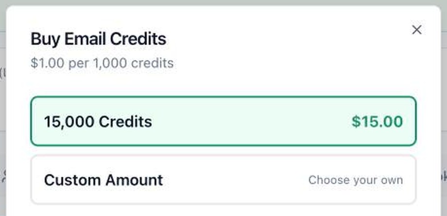 The HBA Emailer buy-credits panel showing a dollar per thousand credits and a fifteen thousand credit preset