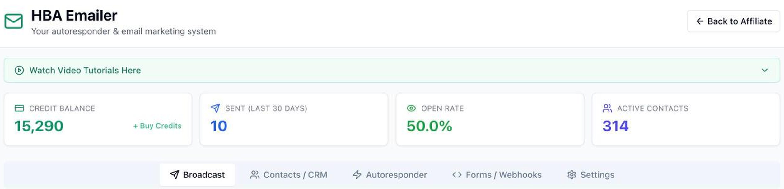 HBA Emailer dashboard showing credit balance, sends in the last thirty days, open rate and active contacts
