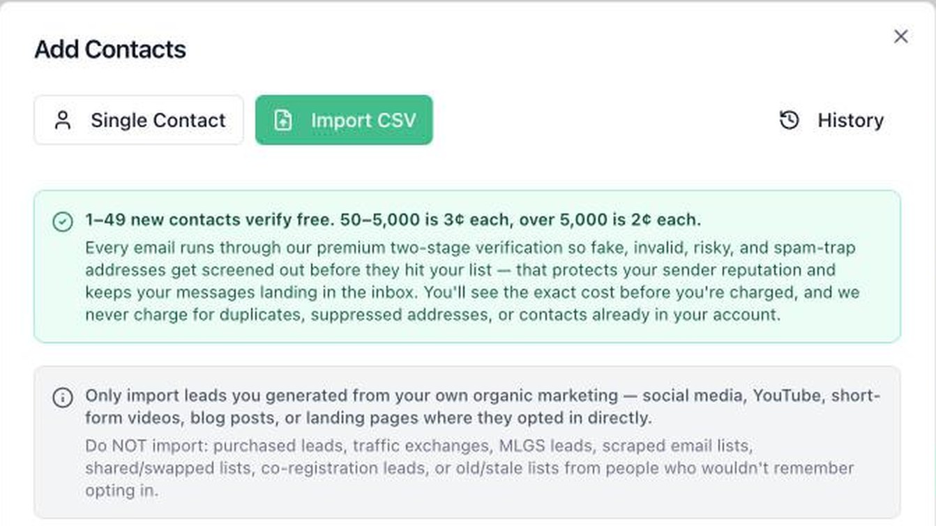 HBA Emailer CSV import screen showing per-contact verification fees and the list of lead sources it refuses
