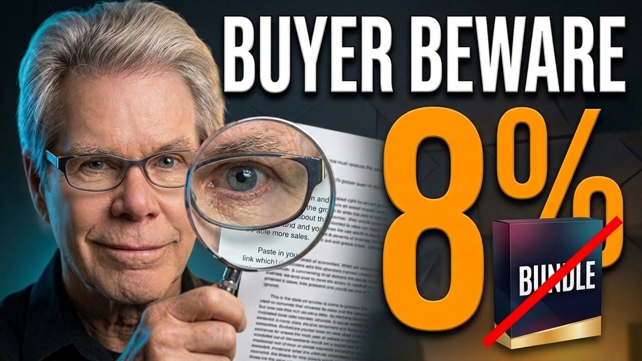 Rob Fore holding a magnifying glass to a printed page, beside BUYER BEWARE and a large orange 8% over a bundle box crossed out in red