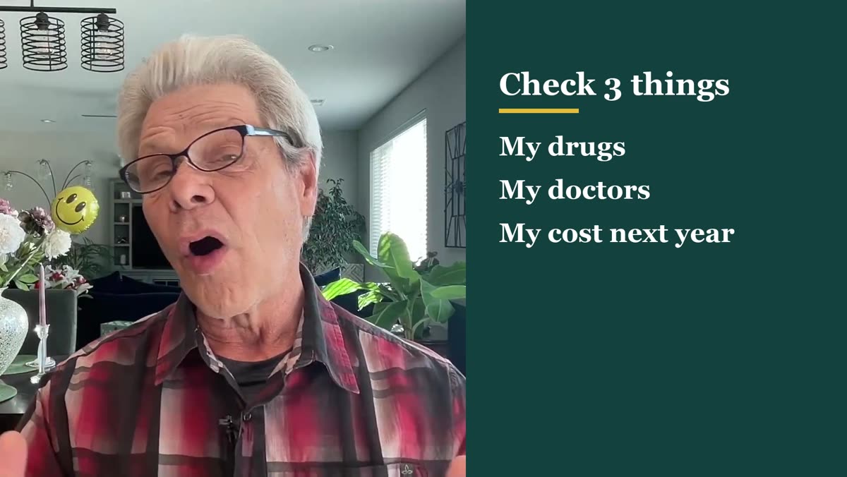 Rob Fore talking to the camera beside a dark teal card that reads Check 3 things: My drugs, My doctors, My cost next year
