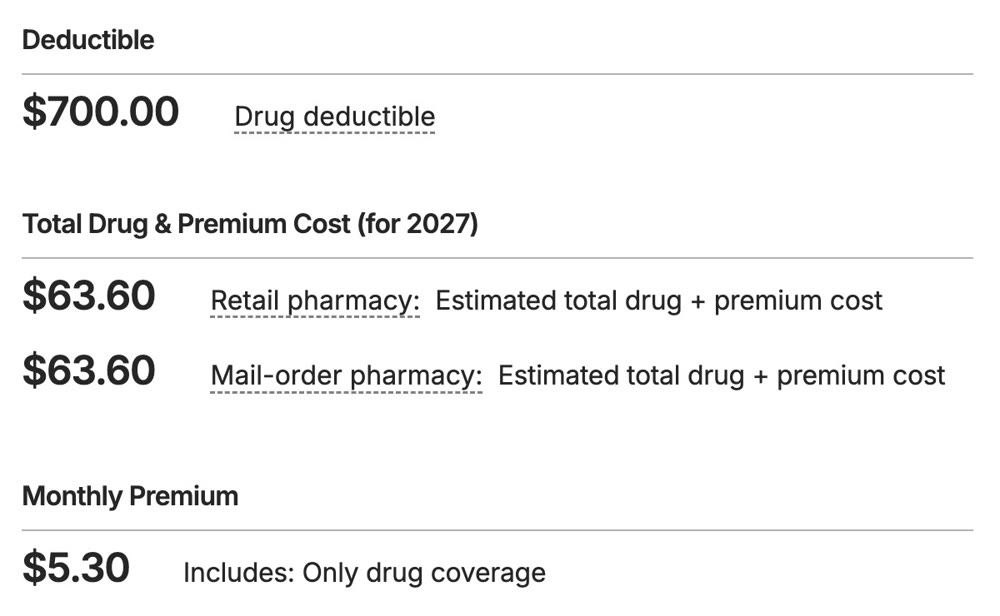 Medicare.gov plan finder showing a $700.00 drug deductible, a total drug and premium cost of $63.60 for 2027, and a monthly premium of $5.30