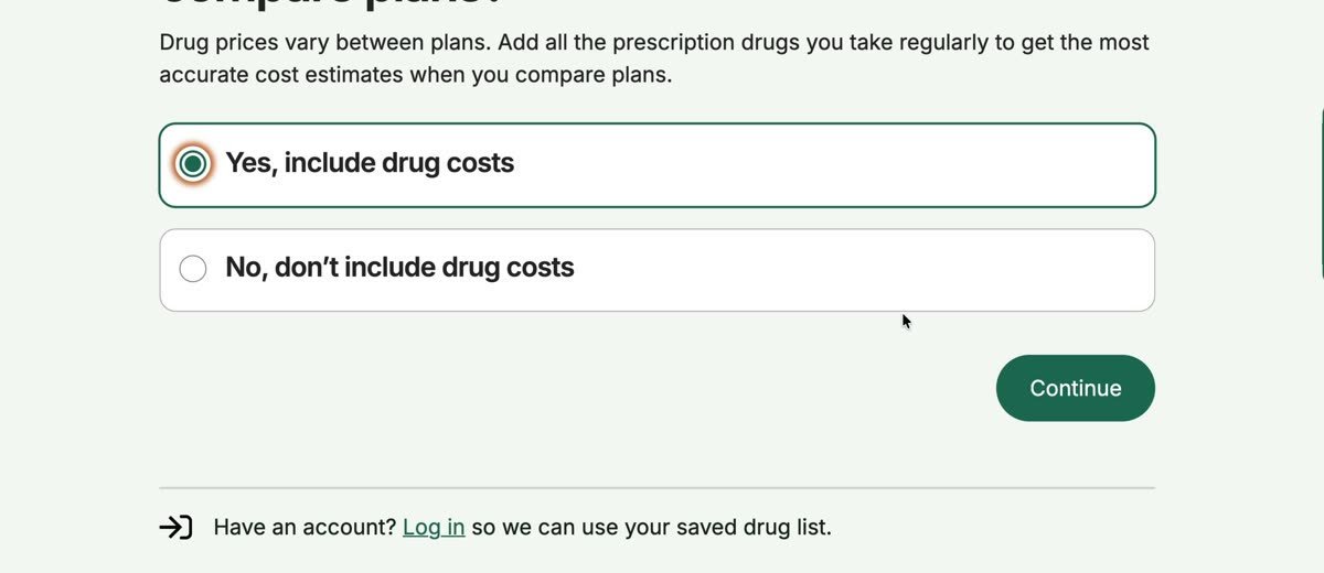 Medicare.gov plan finder asking Do you want to use drug costs to help you compare plans, with Yes, include drug costs selected
