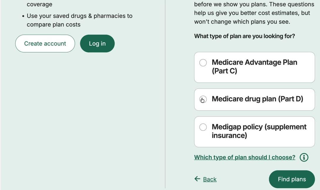 Medicare.gov plan finder asking What type of plan are you looking for, with three choices: Medicare Advantage Plan (Part C), Medicare drug plan (Part D), and Medigap policy (supplement insurance)