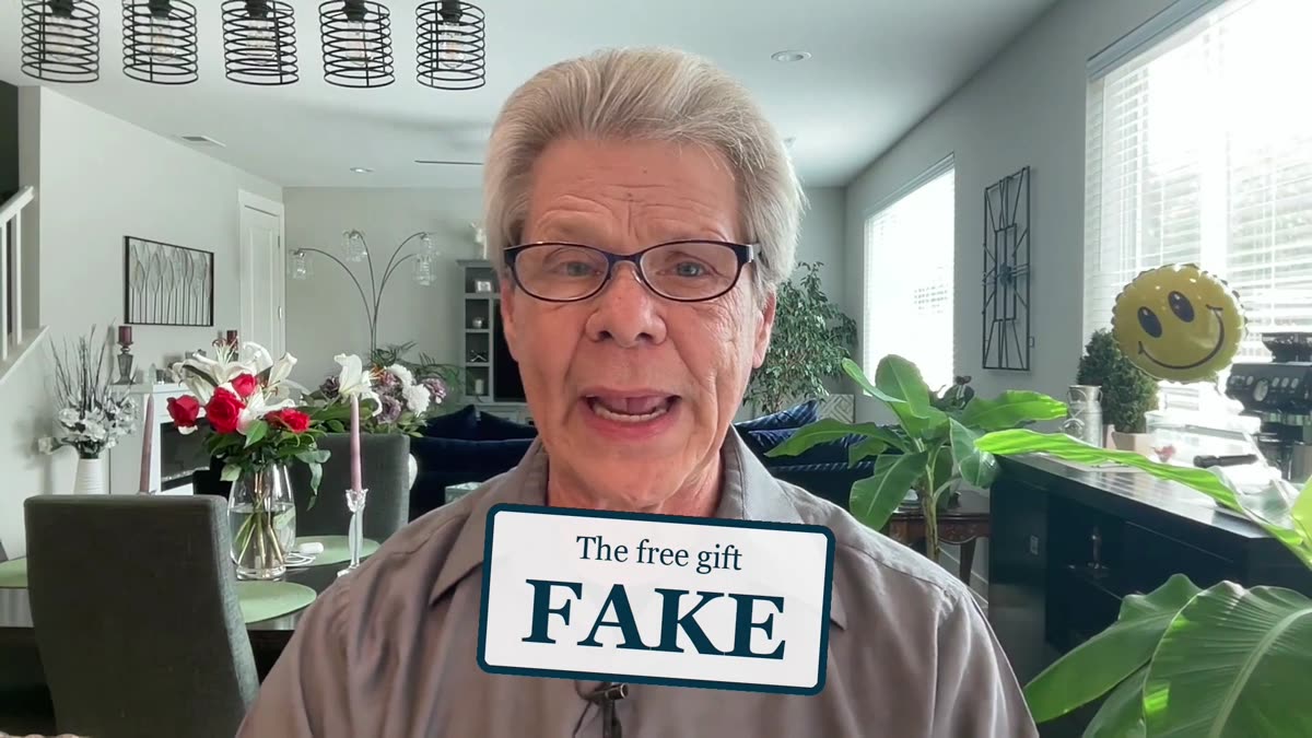 Rob Fore with a stamp reading The free gift: FAKE
