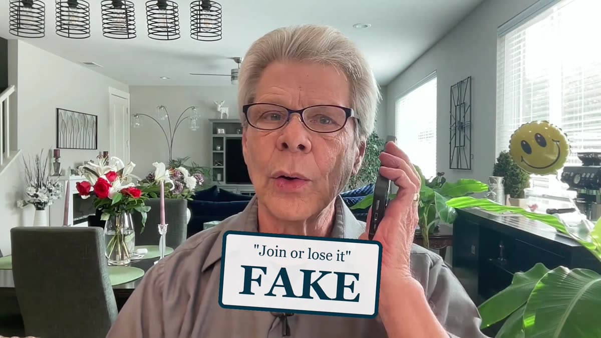 Rob Fore holding a phone, with a stamp reading Join or lose it: FAKE