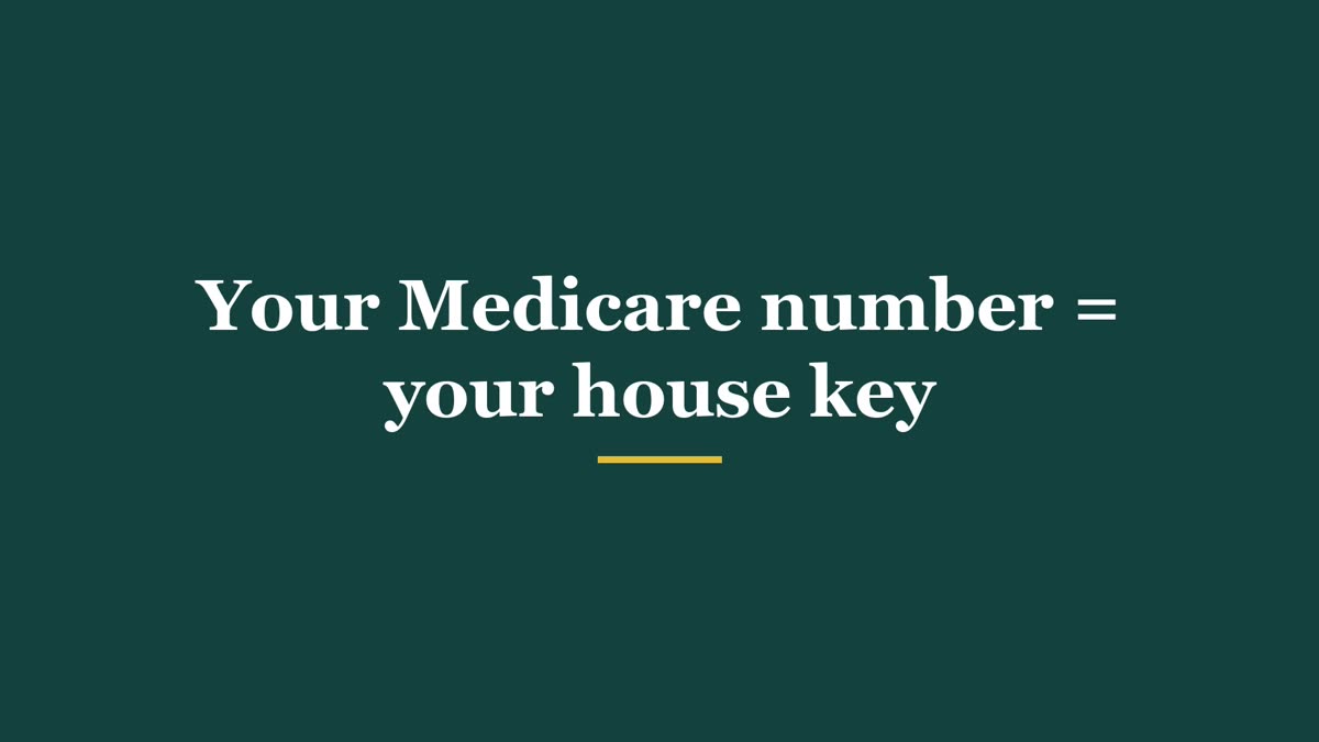 Dark teal card that reads Your Medicare number = your house key