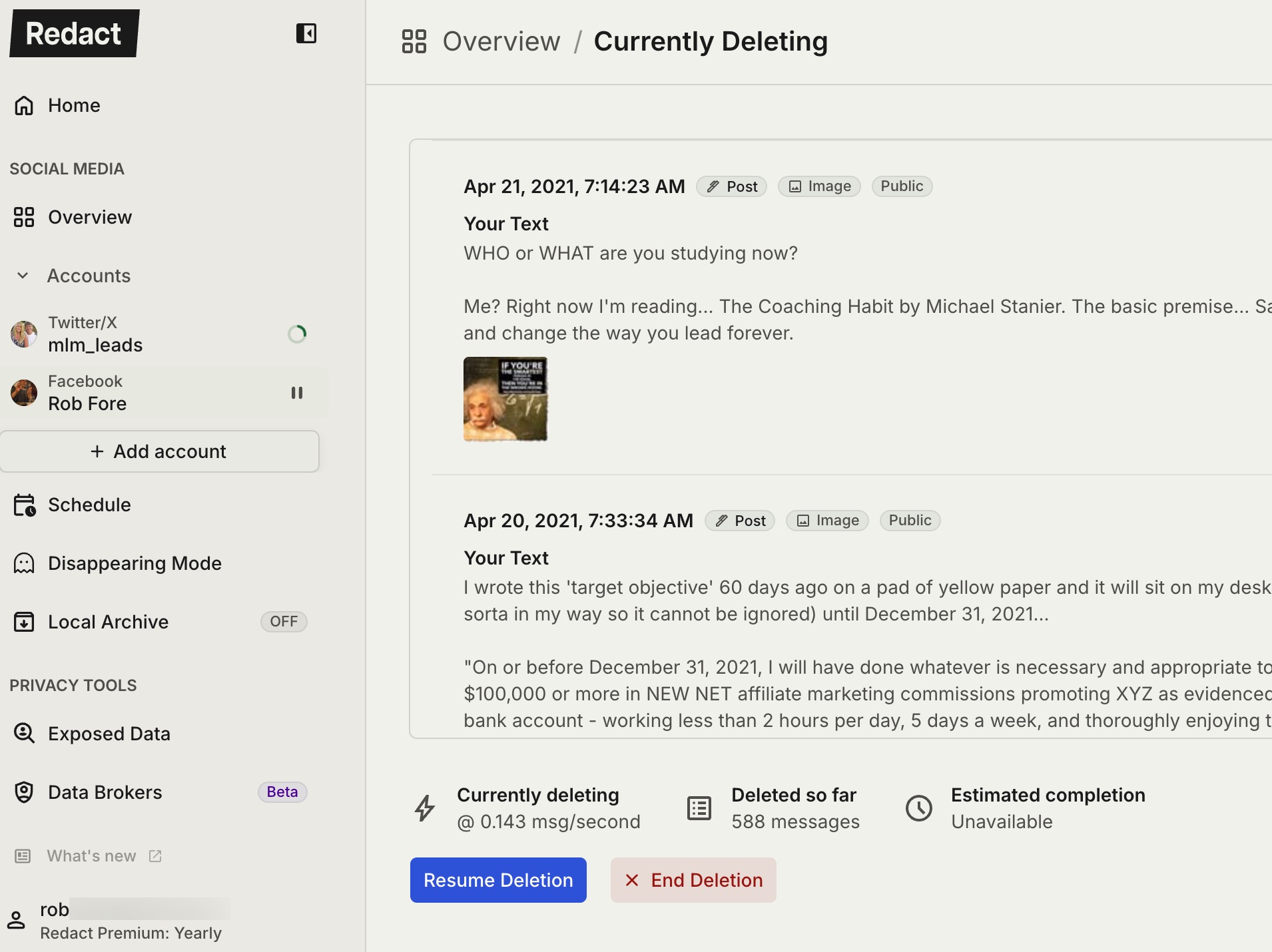 Redact desktop app clearing a Facebook account, showing 0.143 messages per second, 588 messages deleted, and estimated completion listed as unavailable