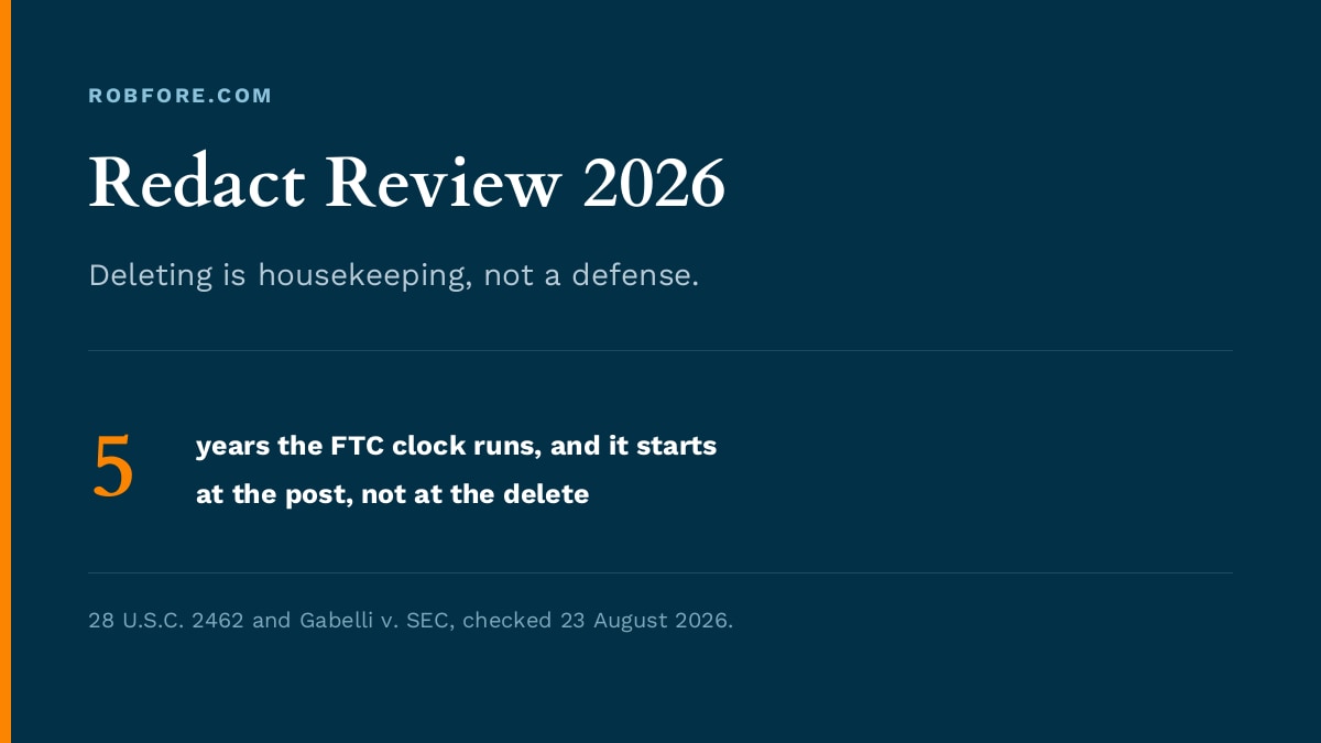 Redact Review 2026 - the FTC clock runs five years from the post, not from the delete