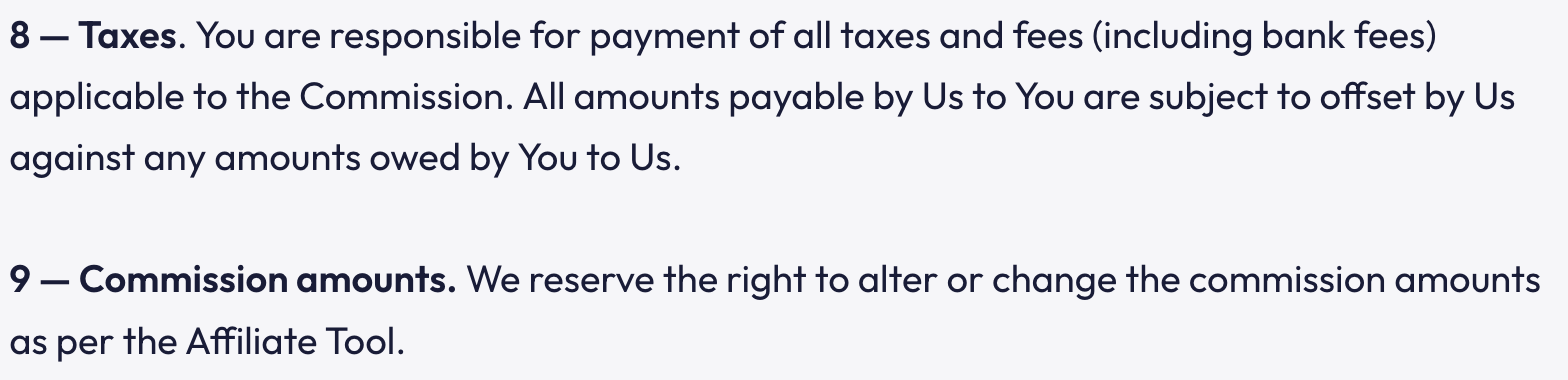 systeme.io affiliate agreement clauses 8 and 9, with clause 9 reserving the right to alter or change commission amounts