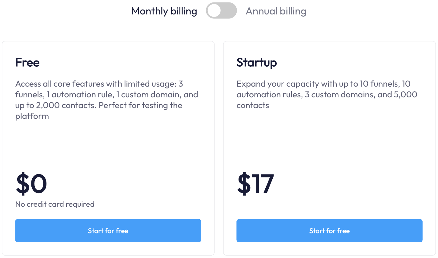 systeme.io pricing page showing the Free plan at 0 dollars with three funnels and 2,000 contacts, beside the Startup plan at 17 dollars