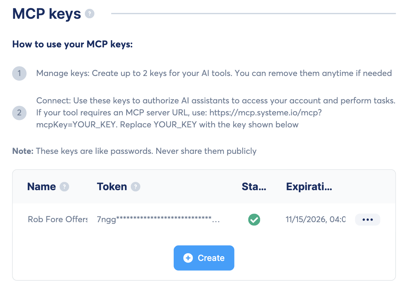 systeme.io MCP and API keys settings screen showing the MCP server URL format and one active MCP key with its token masked