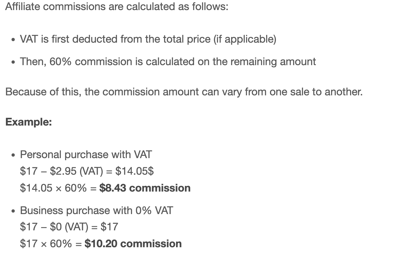 systeme.io help center article showing VAT deducted before the 60 percent commission, with worked examples paying 8.43 dollars and 10.20 dollars on a 17 dollar plan