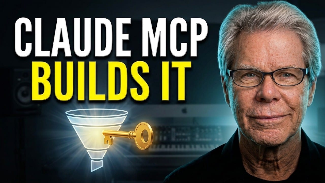 Rob Fore beside the words CLAUDE MCP BUILDS IT, with a gold key turning in a glowing sales funnel