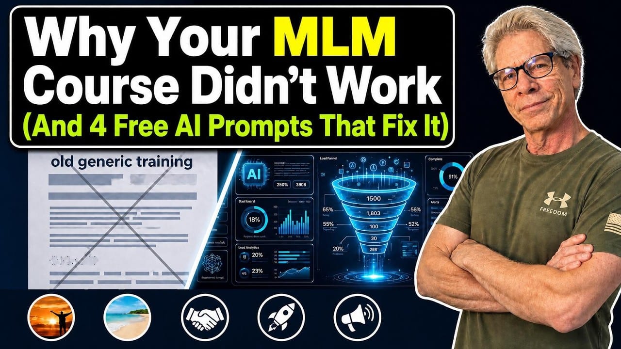 Rob Fore beside the words Why Your MLM Course Didn't Work, And 4 Free AI Prompts That Fix It, over a crossed-out page of generic training and an AI marketing dashboard