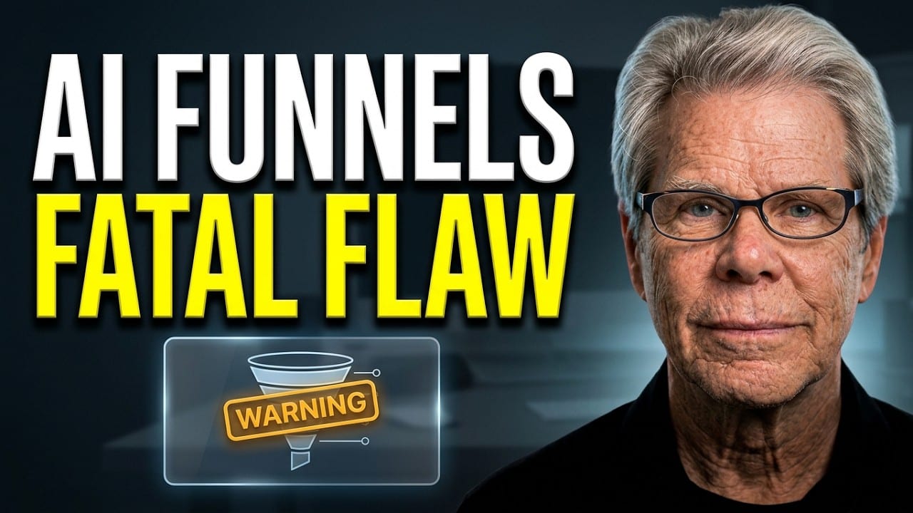AI Funnels Fatal Flaw - Rob Fore beside a funnel stamped WARNING: the AI builds the whole funnel, but it cannot bring the traffic