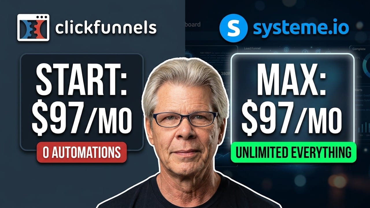 Rob Fore between the ClickFunnels and systeme.io logos: ClickFunnels starts at $97 a month with zero automations, systeme.io tops out at $97 a month with unlimited everything