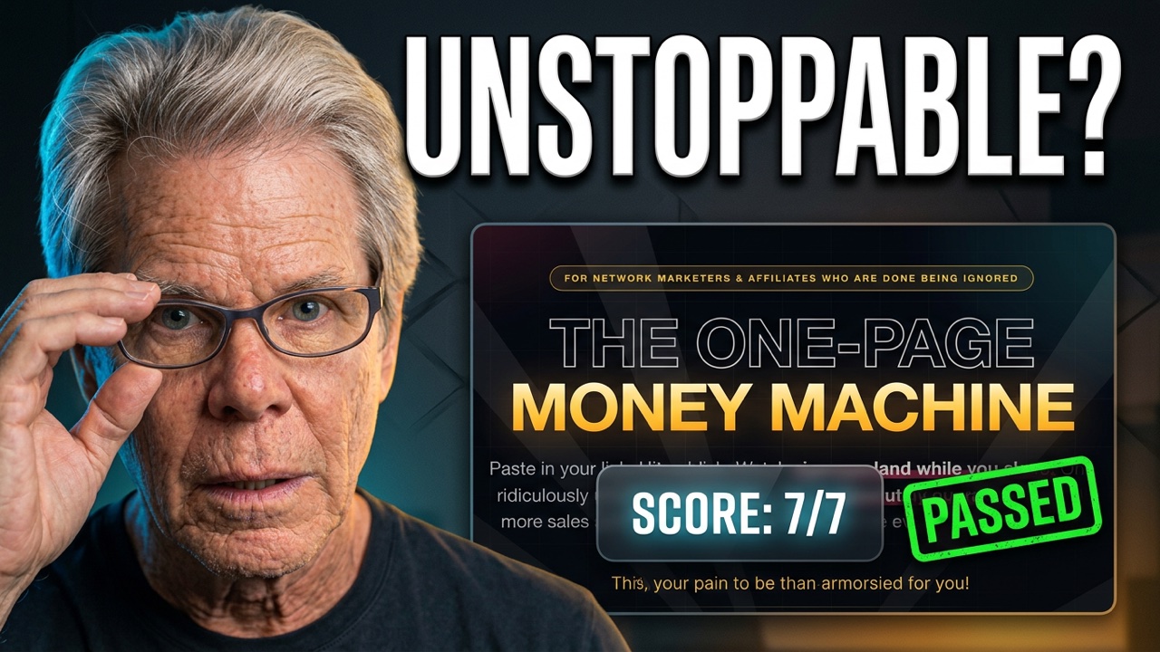 Claude Copywriting video - Rob Fore lifting his glasses under the word UNSTOPPABLE?, beside a sales page headed The One-Page Money Machine with a Score 7/7 Passed stamp