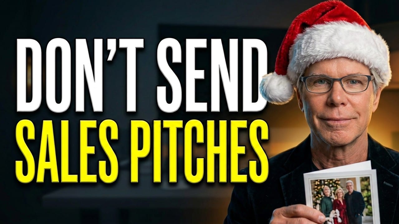 Rob Fore in a Santa hat holding a family photo holiday card, beside the words DON'T SEND SALES PITCHES