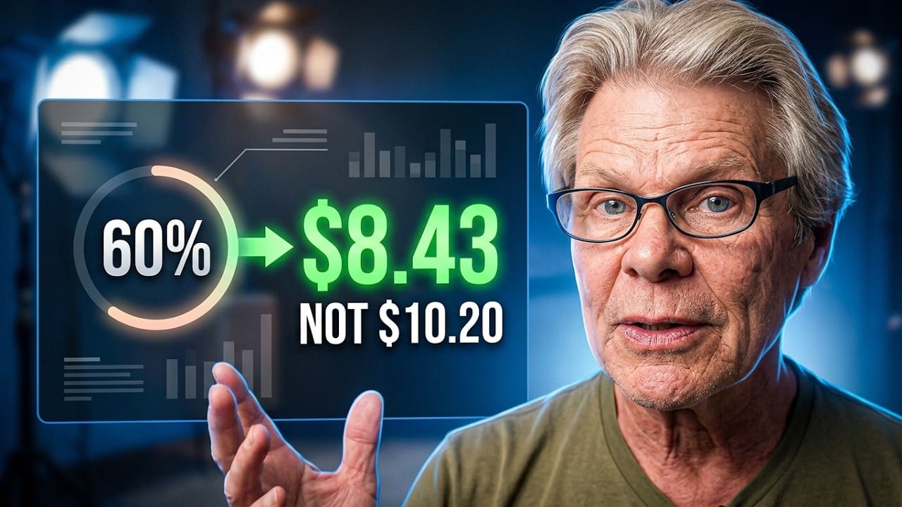 Rob Fore beside a dashboard showing a 60% dial resolving to $8.43, not $10.20, the systeme.io affiliate commission on a $17 referral once VAT is deducted