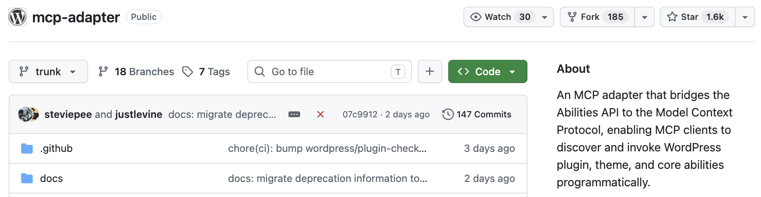 GitHub repository page for WordPress slash mcp-adapter showing 1.6k stars and a description of bridging the Abilities API to the Model Context Protocol